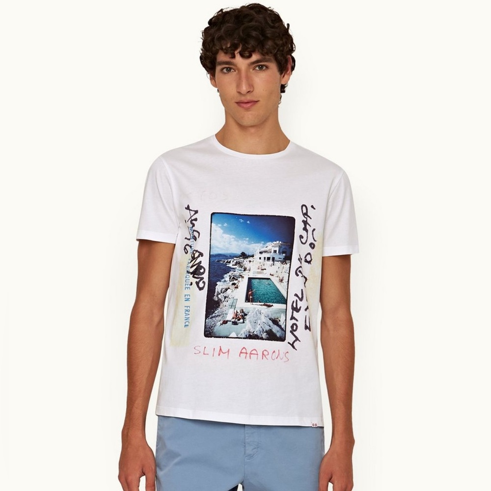 NEW Orlebar Brown Photo T-Shirt MEDIUM Roc Pool Process White
